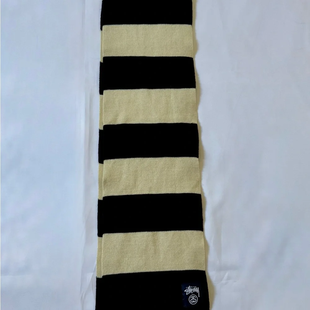 Stüssy Cream & Black Striped Knit Fringe Scarf